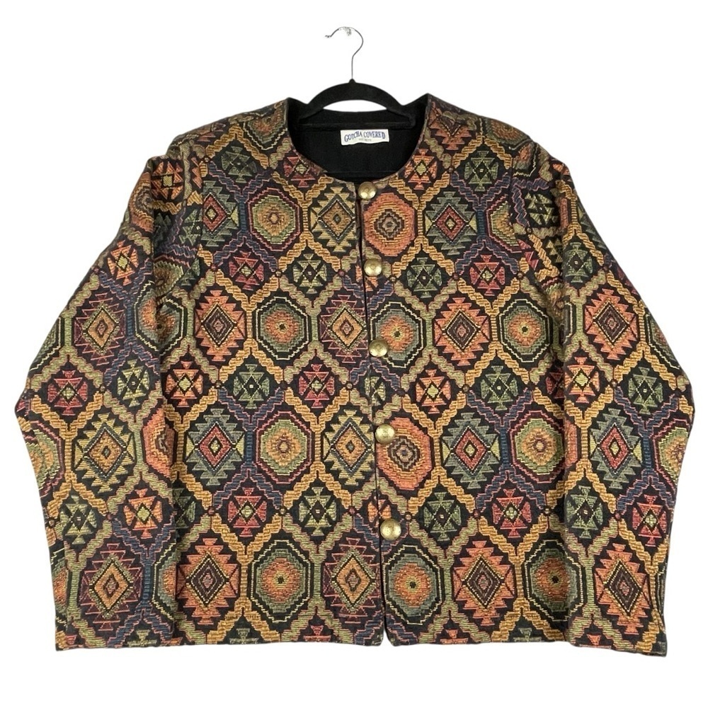 Southwestern Aztec Vintage Tapestry Boho Tribal Concho Button -Up Jacket - Sz L